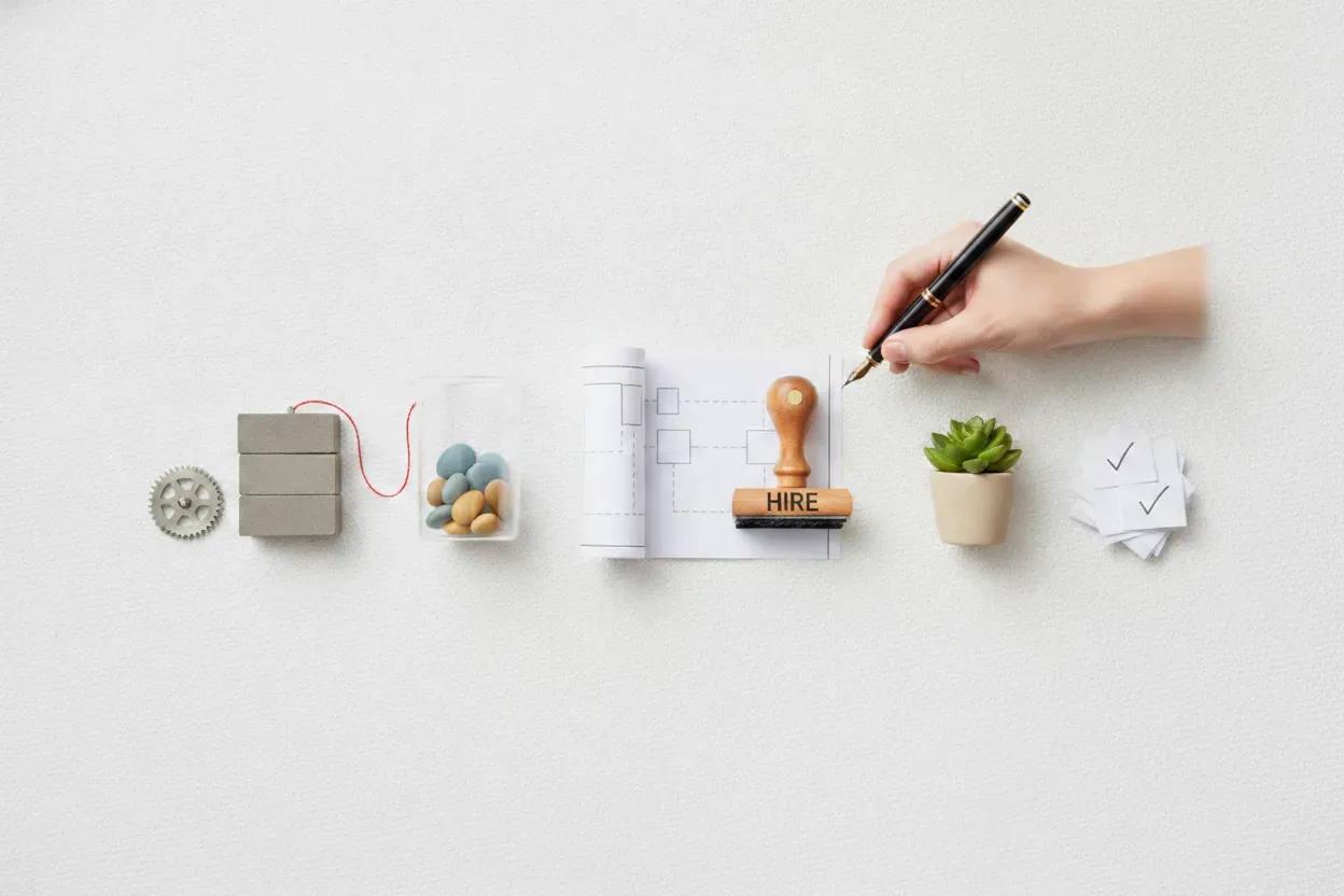 A small team mapping out a repeatable hiring process on a whiteboard