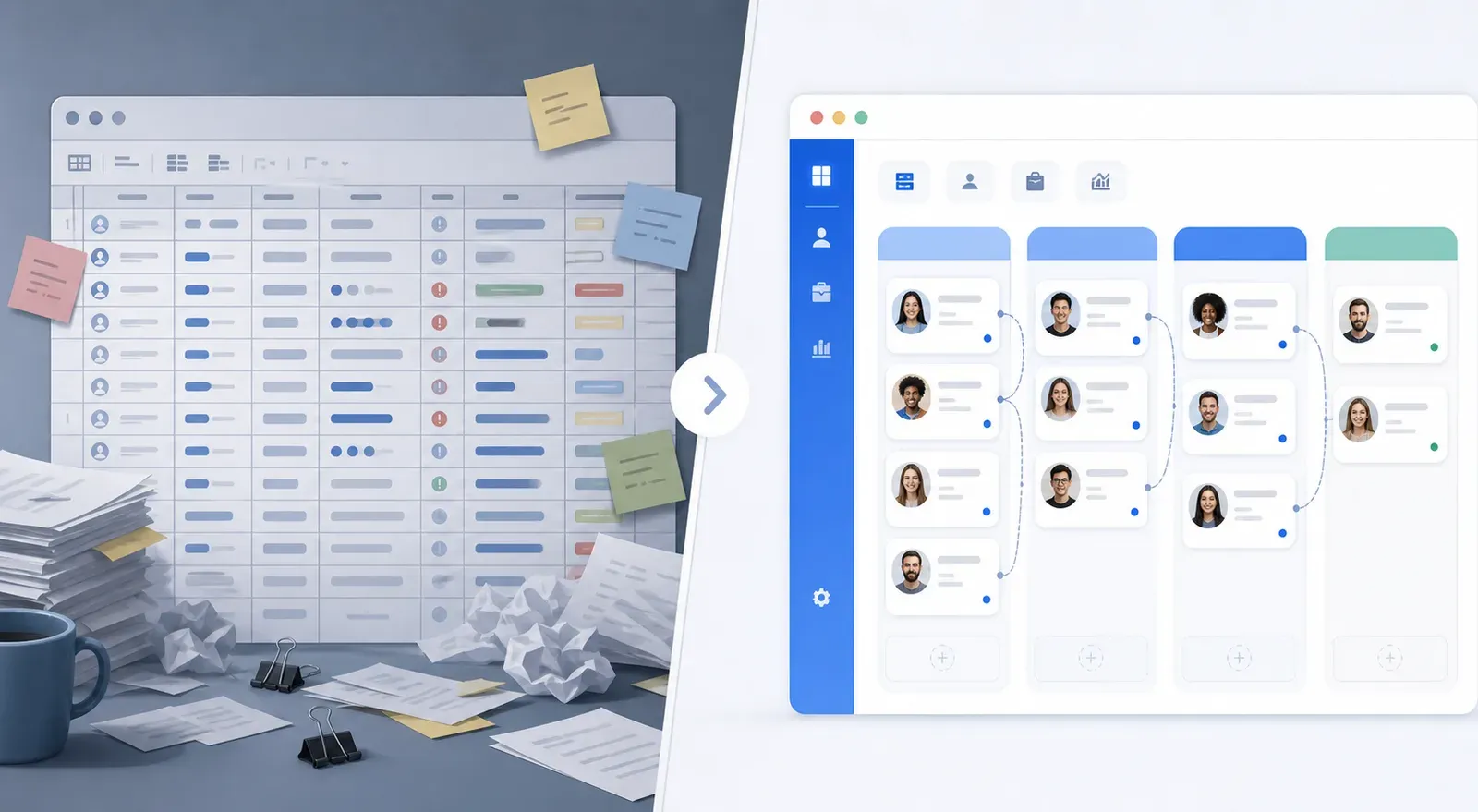 Clean flat illustration showing two contrasting hiring setups side by side. Left side: a cluttered spreadsheet or Notion-style table with messy columns, overflowing rows, sticky notes, and confused-looking icons suggesting chaos and manual work. Right side: a sleek, organized ATS pipeline interface with neat candidate cards, clear stages (Applied, Screening, Interview, Offer), and smooth flow. Muted blue and gray color palette on the left, crisp blue and white on the right. Modern, minimal SaaS product illustration style. No text labels.