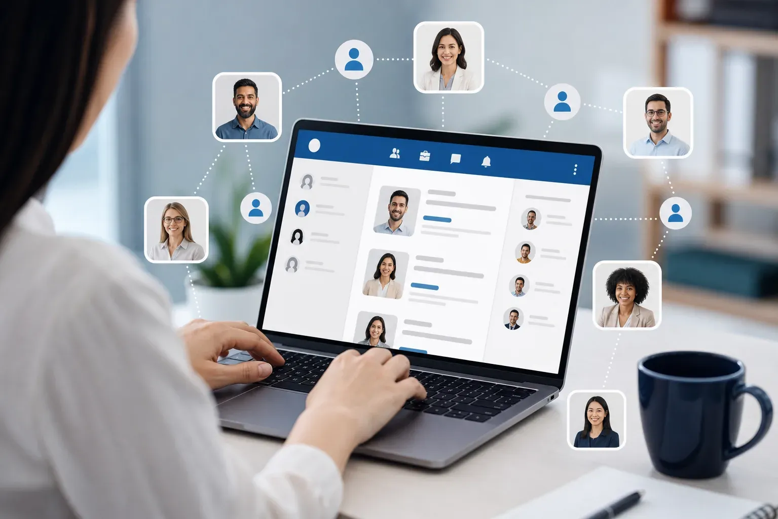 A professional illustration showing a person using LinkedIn on a laptop for recruiting, with connection nodes and profile cards floating around the screen, representing active candidate sourcing and outreach. Clean, modern flat design style with blue and white tones.