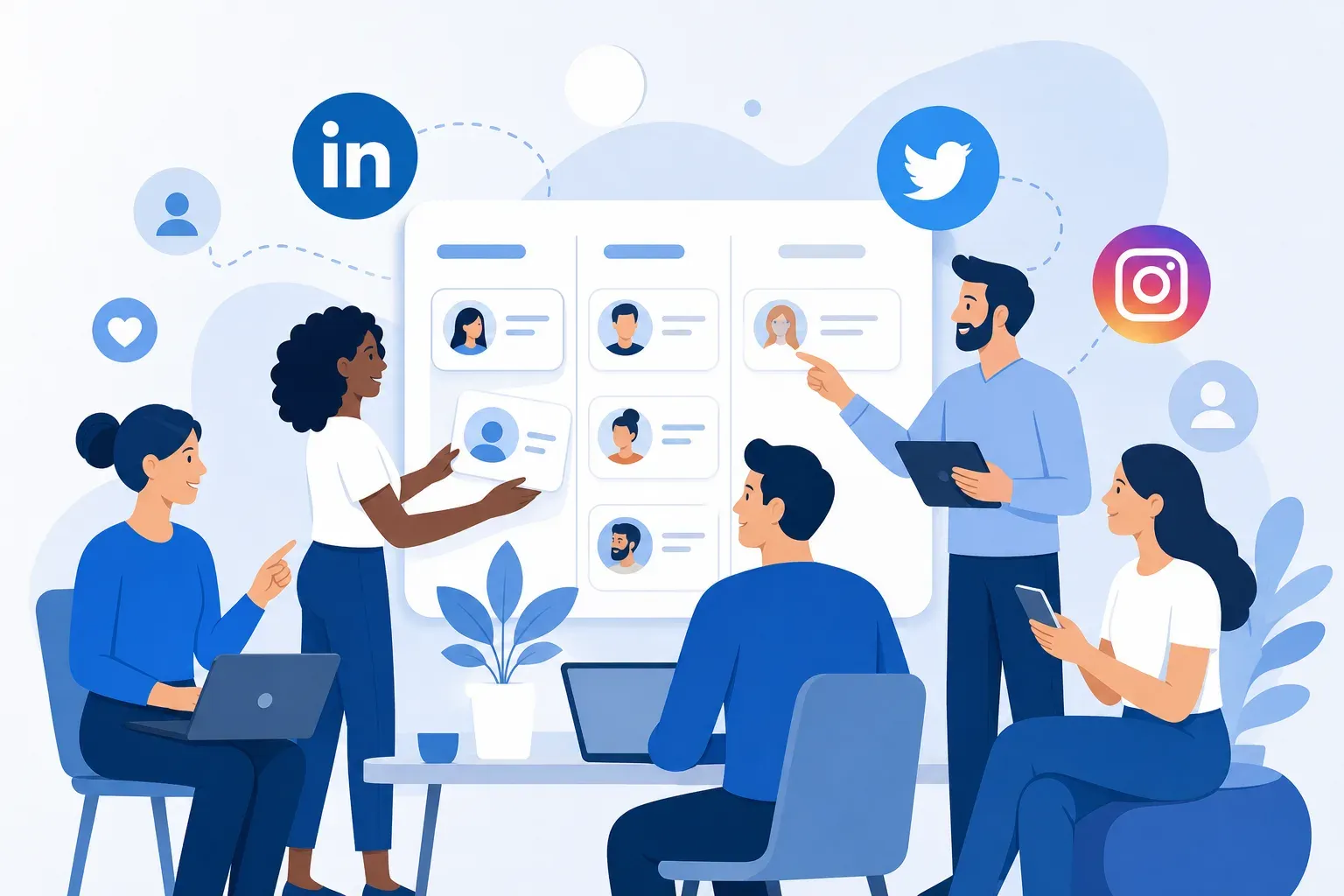 A clean flat design illustration showing a team of diverse professionals collaborating on social media recruiting, with social media icons (LinkedIn, Twitter, Instagram) floating around a shared pipeline board, representing employer brand building and candidate outreach. Blue, white, and soft gray tones, modern minimalist style.