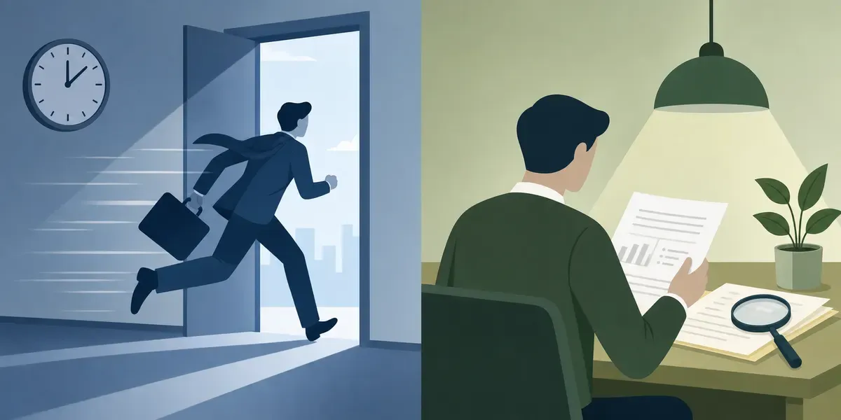 A split composition showing two contrasting professional paths side by side. On the left, a figure rushing through a doorway with a clock visible, representing urgency and speed. On the right, a figure calmly reviewing documents at a desk with a magnifying glass nearby, representing careful evaluation and fit. Clean, modern flat illustration style with a muted blue and green color palette. No people’s faces visible, abstract professional setting.