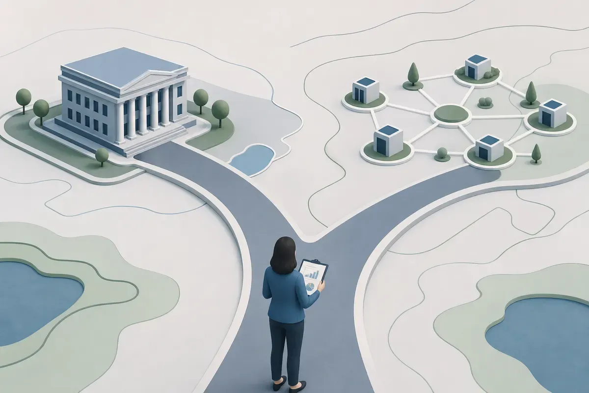 A clean, modern flat illustration of a strategic decision crossroads. Two distinct paths diverge from a central point on a minimalist road map viewed from above. One path leads toward a single large building representing a traditional institution, the other toward a cluster of smaller interconnected nodes representing a flexible network. A small figure stands at the fork holding a clipboard with charts. Muted blue, green, and grey color palette. Abstract, professional, no faces visible.