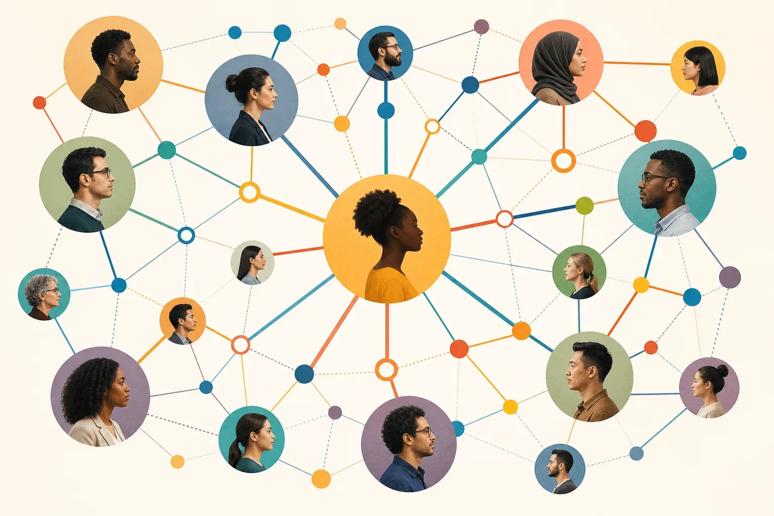 A diverse group of professionals from different backgrounds connecting across multiple pathways and networks, illustrated as a vibrant node-and-link diagram radiating outward from a central hub, with varied silhouettes representing people of different ethnicities and genders, warm and modern color palette, flat design style, no text or labels