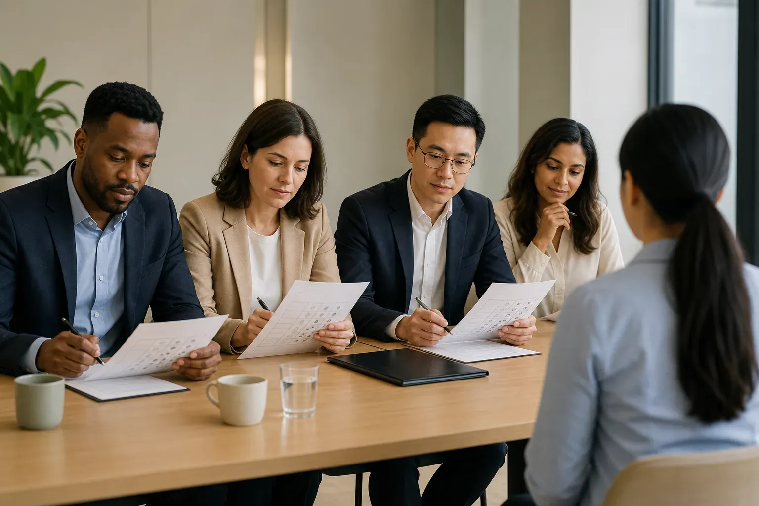 A professional interview setting with a diverse panel of interviewers seated at a table reviewing structured scoring sheets, with a candidate across from them in a modern well-lit office environment, flat illustration style, warm neutral tones, diverse group of people of different ethnicities and genders, organized and methodical atmosphere, no text or labels