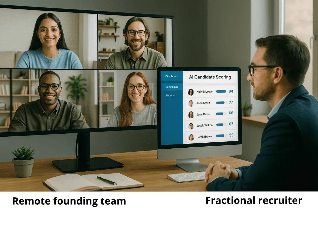 A remote founding team on a video call while a fractional recruiter reviews AI candidate scores