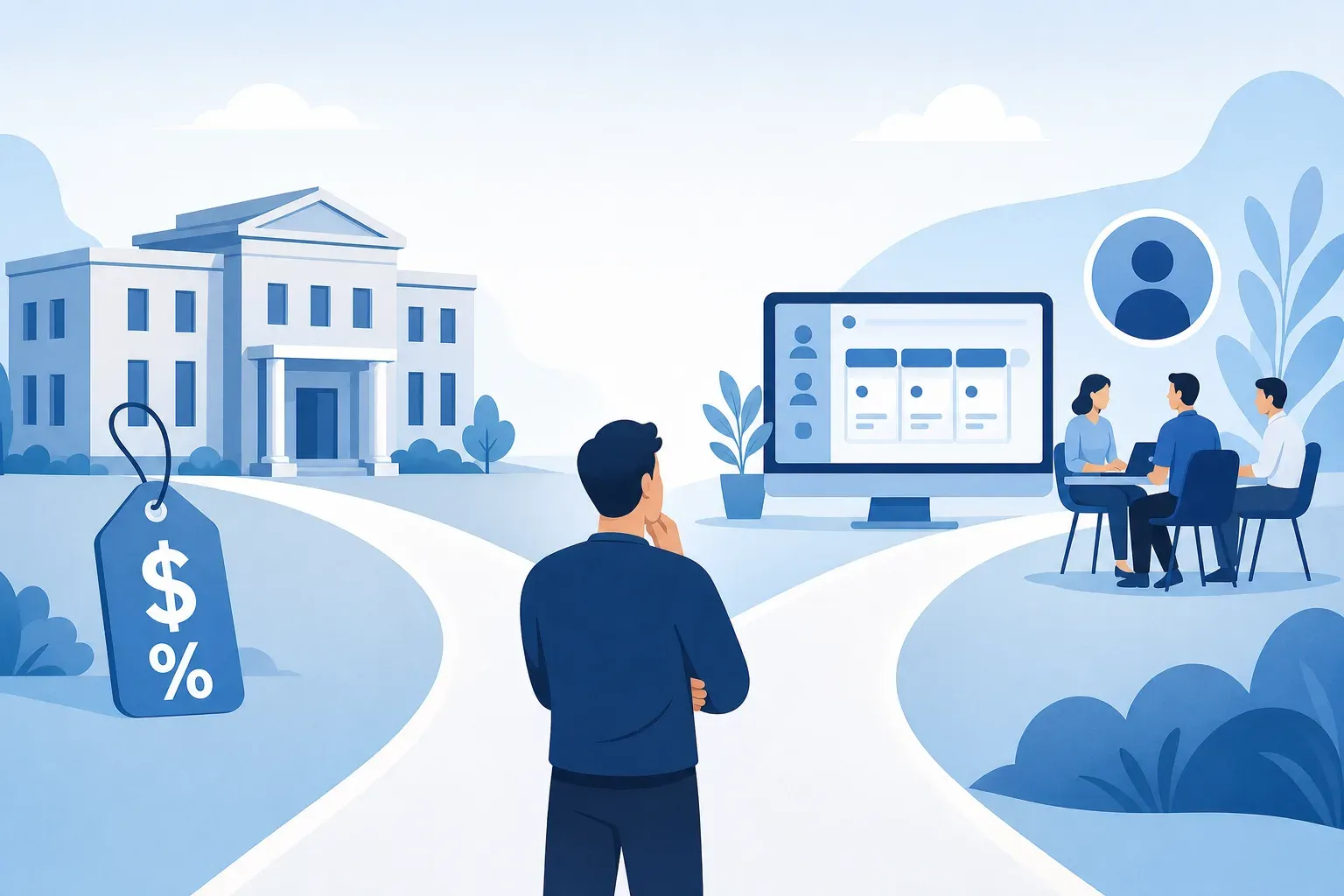 Clean, minimal flat-design illustration showing a startup founder at a fork in the road. One path leads to a traditional agency building with a dollar-sign percentage tag, the other leads to a modern in-house hiring setup with a computer screen showing an ATS pipeline and a small team. Soft blue and white color palette, professional and approachable, no text.