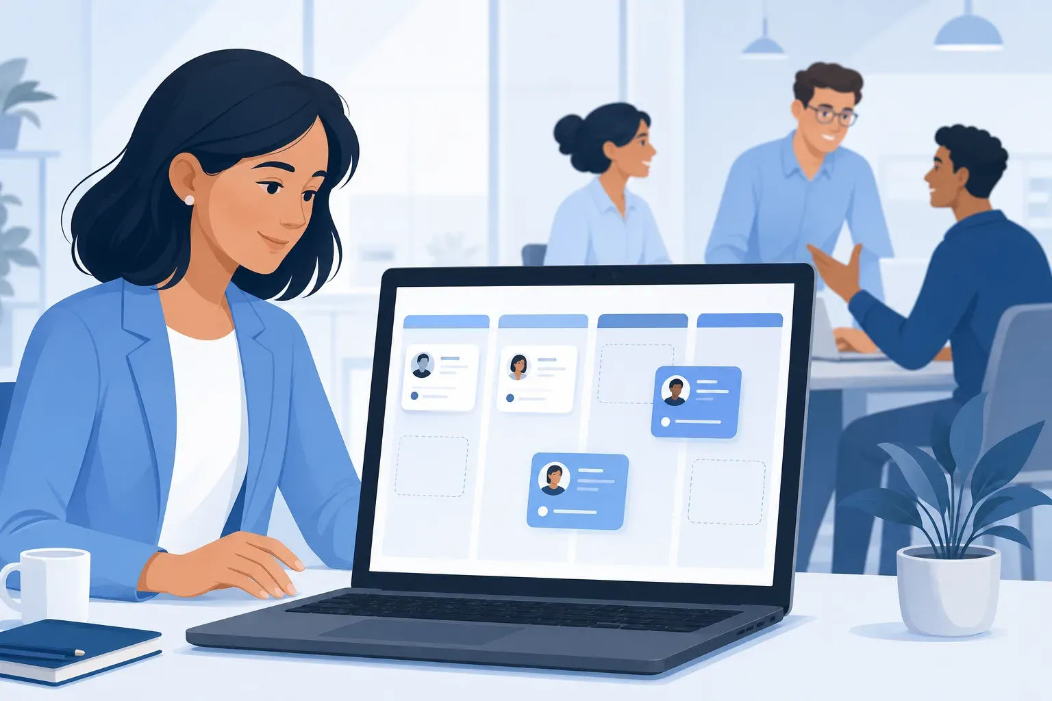 Clean flat-design illustration of a fractional recruiter working alongside an ATS dashboard on a laptop screen. A small startup team collaborates in the background. Pipeline stages are visible on the screen with candidate cards moving through stages. Soft blue and white color palette, minimal and professional, no text.