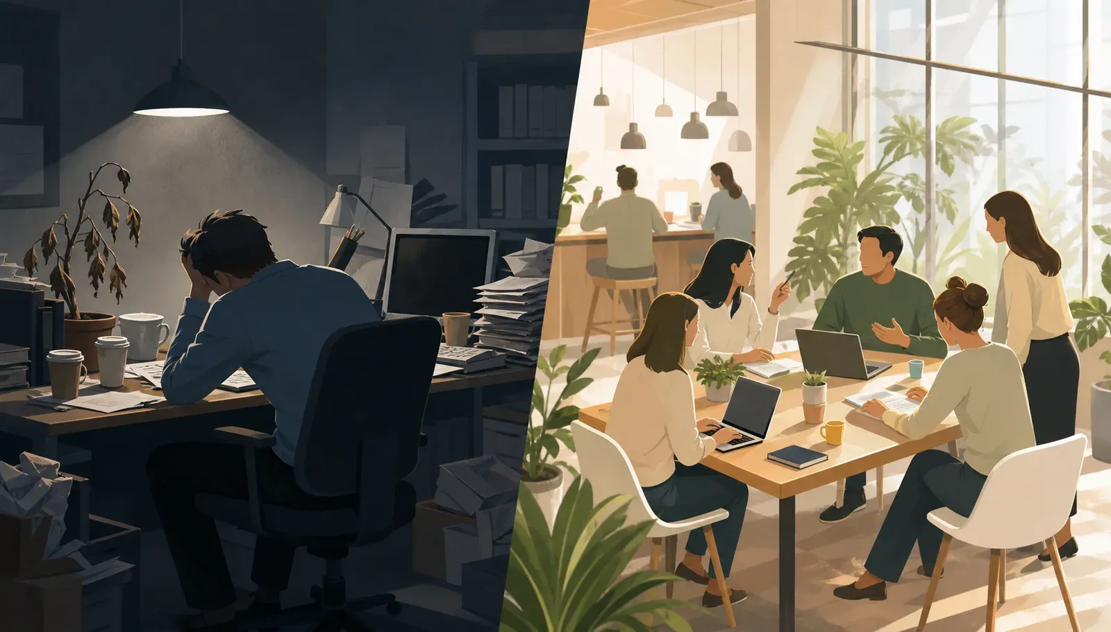 A split-scene illustration showing two contrasting workplace environments: on the left, a dimly lit, cluttered office desk with a wilting plant, empty coffee cups, and a person slumped in a chair looking disengaged; on the right, a bright modern open workspace with people collaborating energetically around a table, green plants, and warm natural light streaming through large windows. Clean flat-style illustration, no people’s faces shown in detail, no text or letters anywhere.