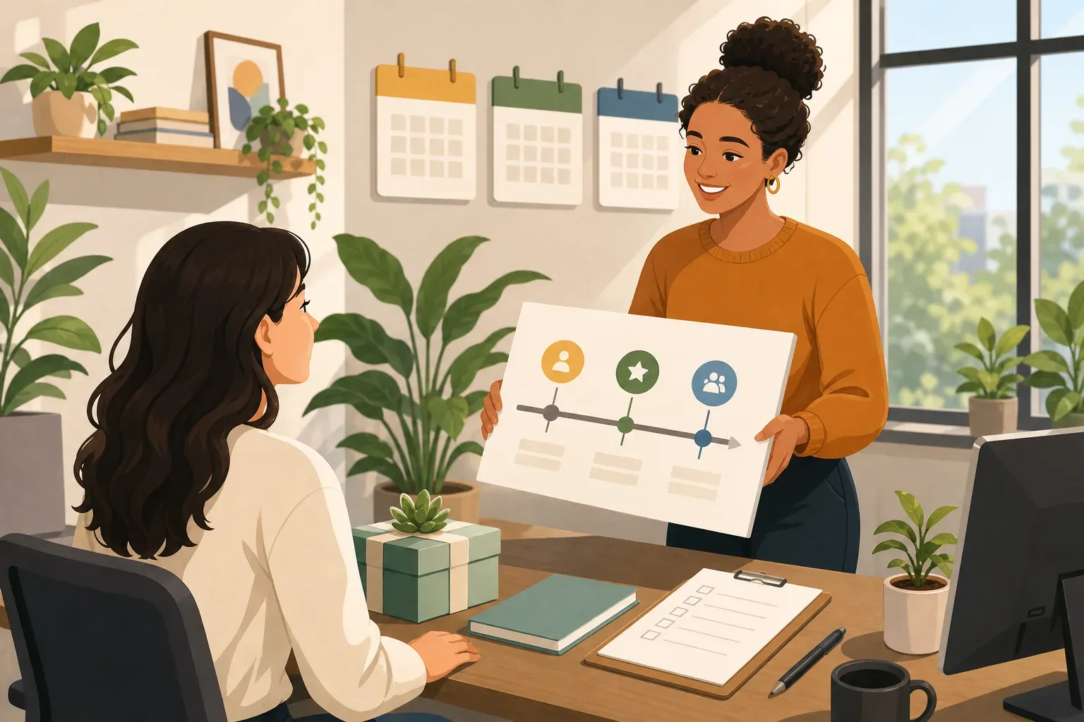 A clean, modern flat-style illustration showing a structured employee onboarding process: a welcoming desk setup with a checklist, a friendly colleague handing over a roadmap or milestone timeline, calendar icons showing 30-60-90 day markers, and a bright collaborative office atmosphere with plants and natural light. Warm, optimistic tones. No text, no words, no letters anywhere in the image.