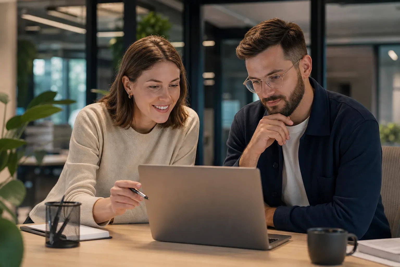 A modern startup office with a recruiter and founder sitting together at a desk reviewing candidate profiles on a laptop, tech company environment, clean and professional, warm lighting, editorial illustration style