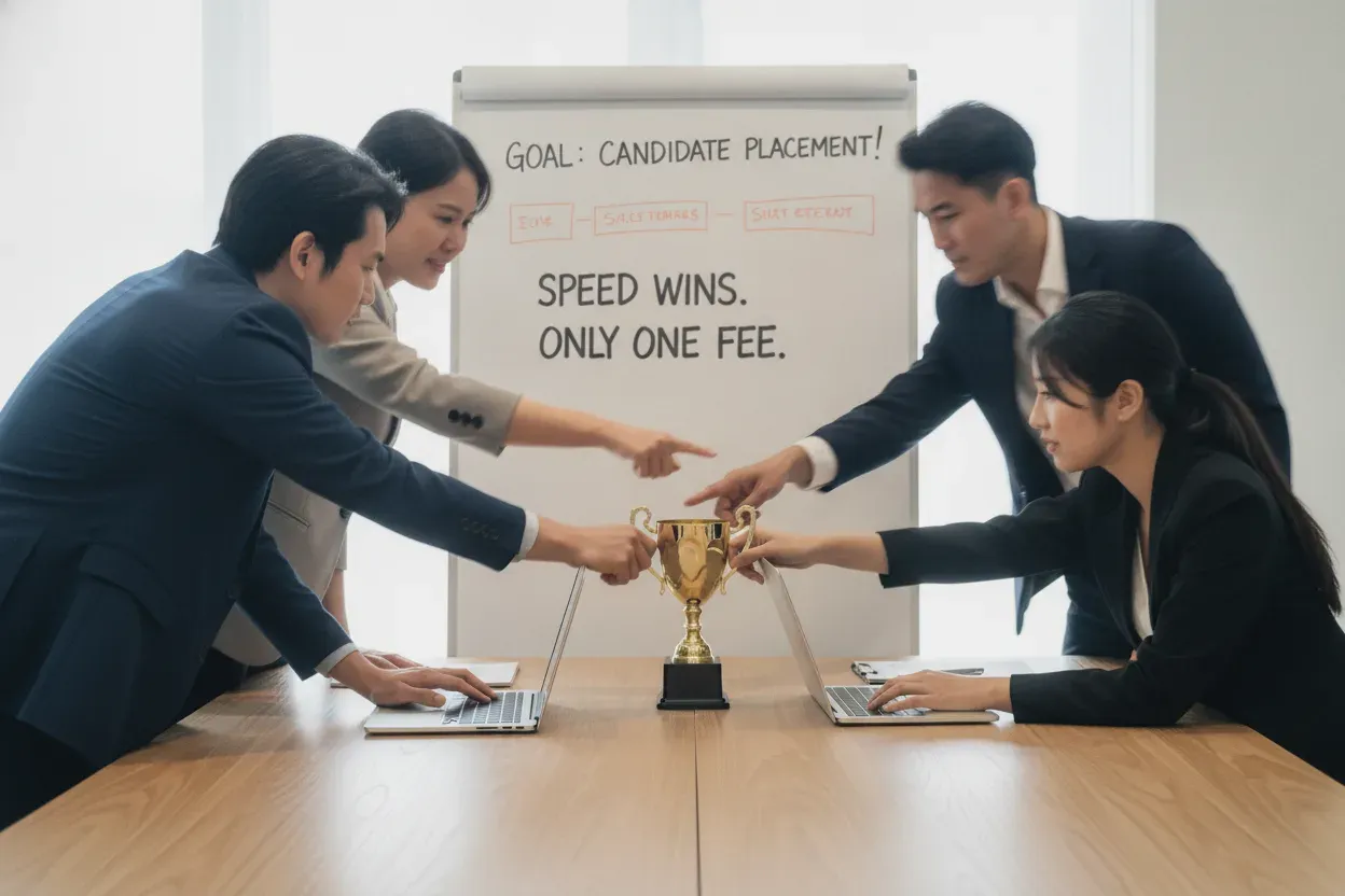 Four recruiters in business dress reaching across a conference table for a single trophy, with a whiteboard behind them reading “Speed wins. Only one fee.”