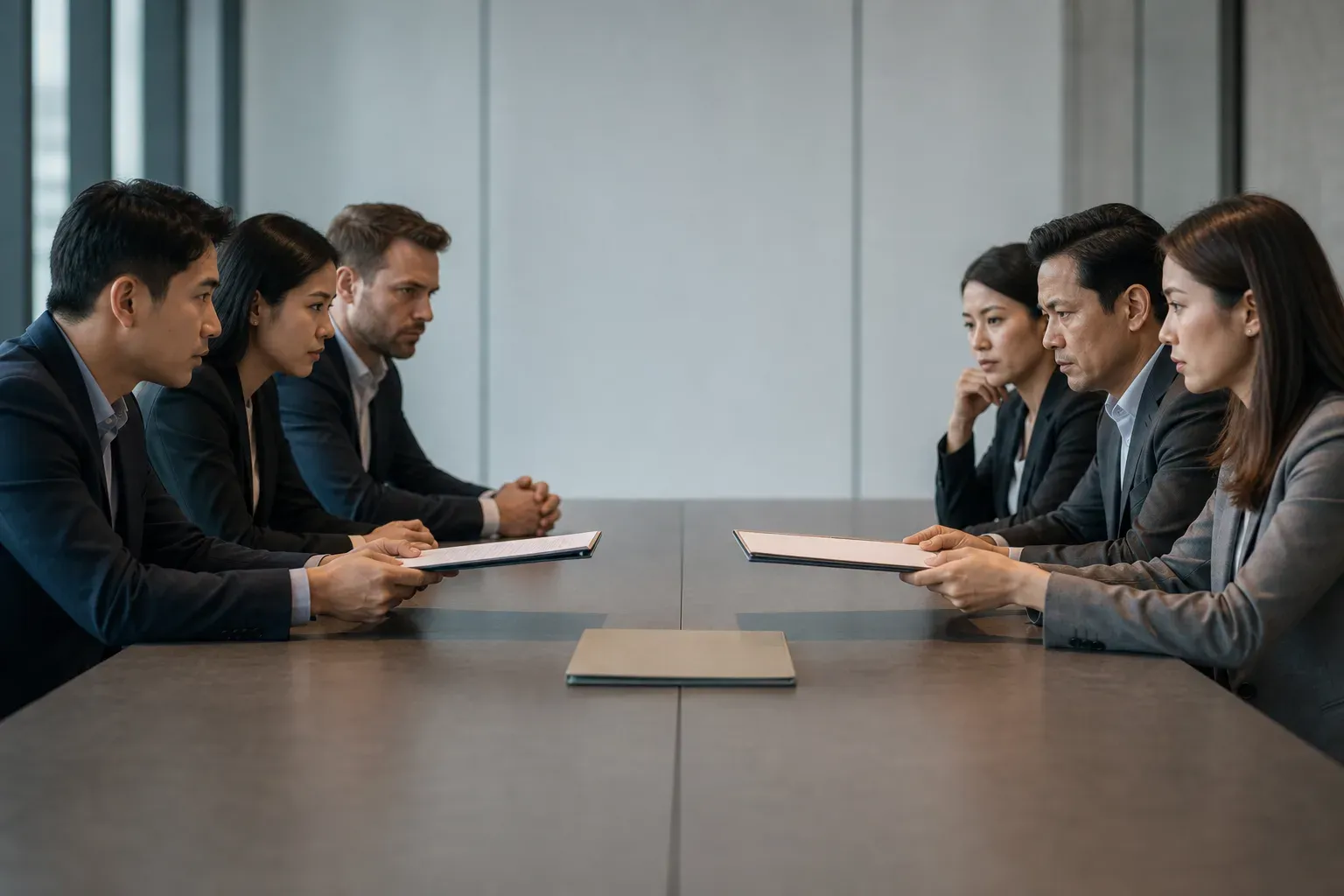 Two groups of business professionals on opposite sides of a conference table, each presenting a document toward a single resume sitting in the middle between them