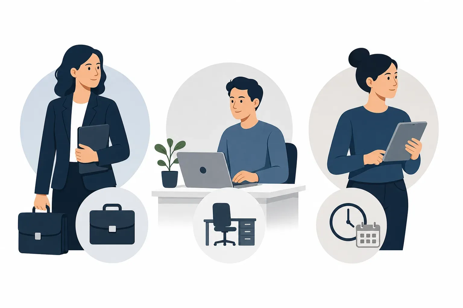 Clean, minimal editorial illustration comparing three recruiting models side by side: an agency recruiter (briefcase icon), an in-house recruiter (office desk icon), and a fractional recruiter (clock/calendar icon). Flat design style, muted professional color palette (navy, slate, warm gray), no text, white background. Suitable for a startup hiring blog post.