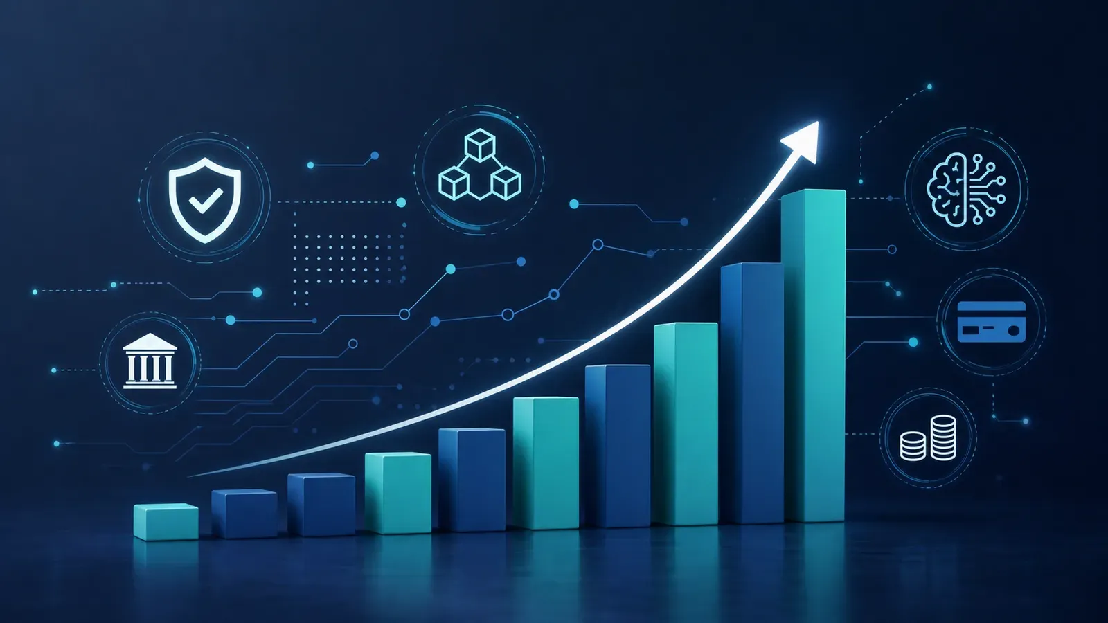 A clean, professional data visualization illustration for a fintech recruiting blog. Shows a stylized bar chart or infographic with upward-trending bars representing fintech job growth, with small icons of blockchain symbols, compliance shields, and AI circuit motifs floating around. Color palette: deep navy blue, teal, and white. Modern flat design style, no text labels. Wide landscape format (16:9). Business-editorial illustration quality.