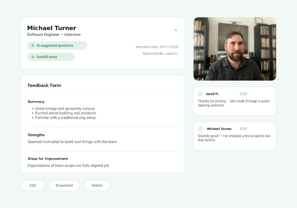 AI interview notetaker showing feedback form, video recording, and transcript for Michael Turner